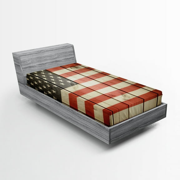 Ambesonne American Flag Fitted Sheet 2 Pcs Set, Wood Design Flag, Twin, Blue Red