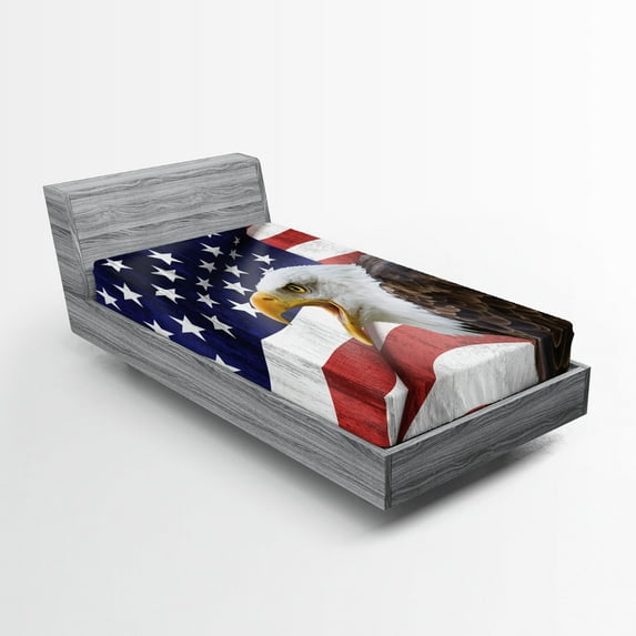 Ambesonne American Flag Fitted Sheet, Bald Eagle, Twin XL Size, Multicolor