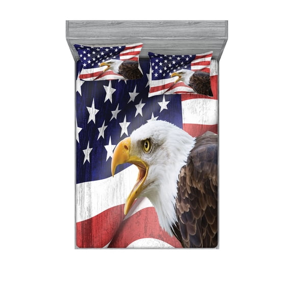 Ambesonne American Flag Fitted Sheet & Pillow Sham Set, Bald Eagle, Calking, Multicolor