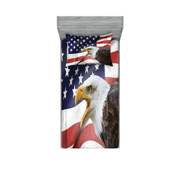 Ambesonne American Flag Fitted Sheet & Pillow Sham Set, Bald Eagle, Twin, Multicolor