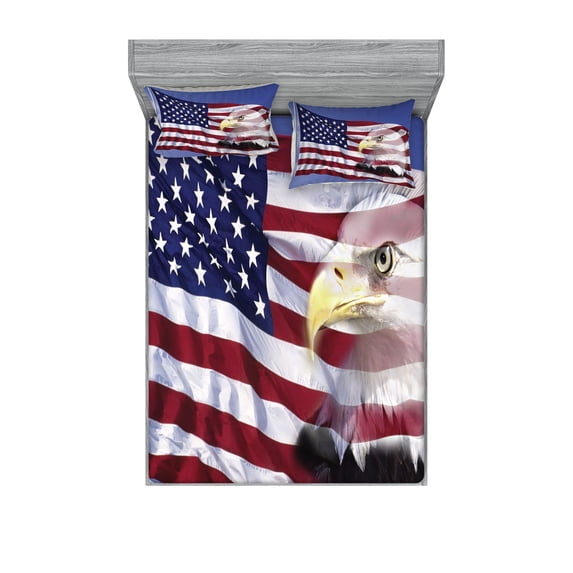 Ambesonne American Flag Fitted Sheet & Pillow Sham Set, Bless America Flag, Full, Multicolor