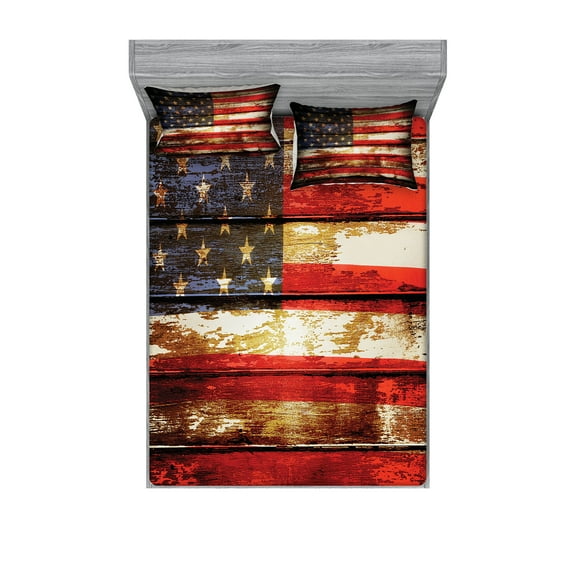 Ambesonne American Flag Fitted Sheet & Pillow Sham Set, Vintage Wooden, Queen, Multicolor