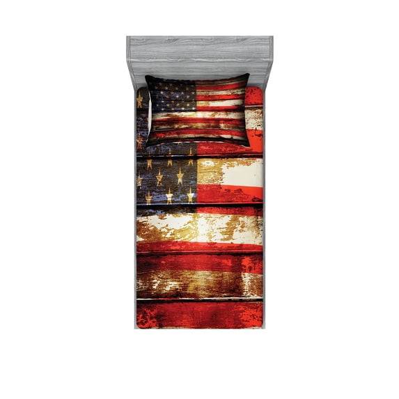 Ambesonne American Flag Fitted Sheet & Pillow Sham Set, Vintage Wooden, Twin, Multicolor