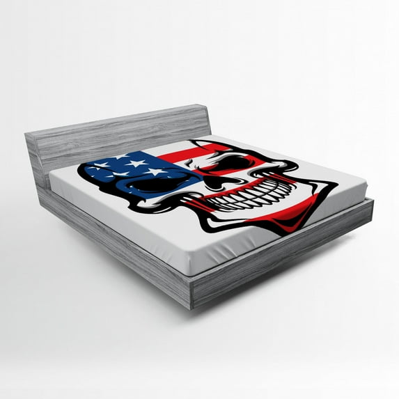 Ambesonne American Flag Fitted Sheet, Scary Skull Art, Full Size, Blue White Red