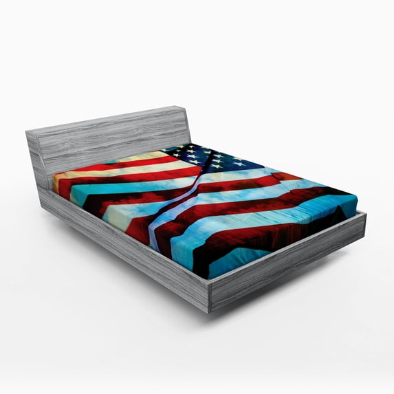 Ambesonne American Flag Fitted Sheet, Wind Flagpole, Full Size, Blue Red