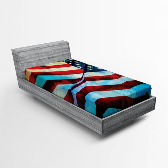 Ambesonne American Flag Fitted Sheet, Wind Flagpole, Twin Size, Blue Red