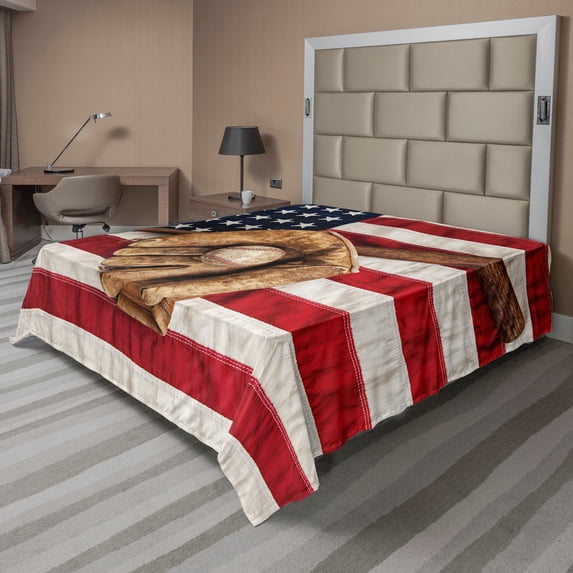 Ambesonne American Flag Flat Sheet, Grunge Baseball, King Size, Brown Red Blue