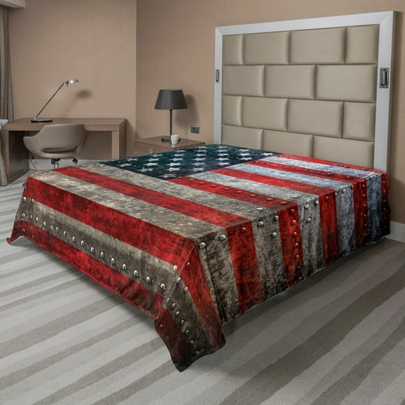 Ambesonne American Flag Flat Sheet, US Flag Plate, California King, Grey Red and Blue