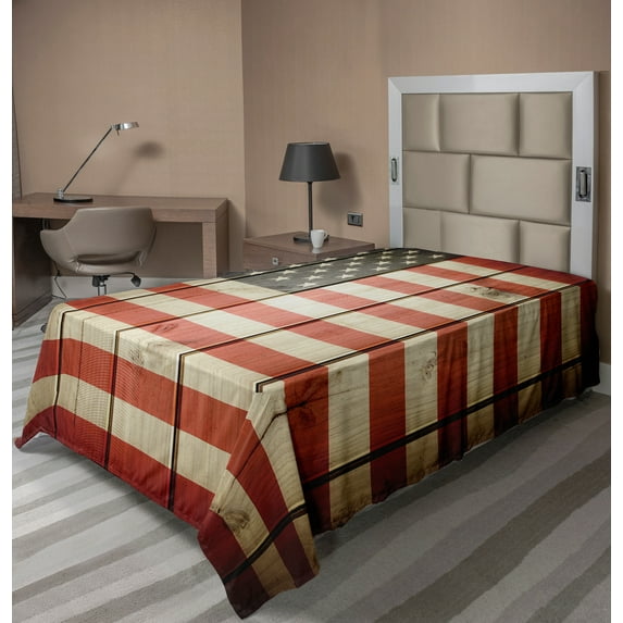 Ambesonne American Flag Flat Sheet, Wood Design Flag, Twin Size, Blue Red