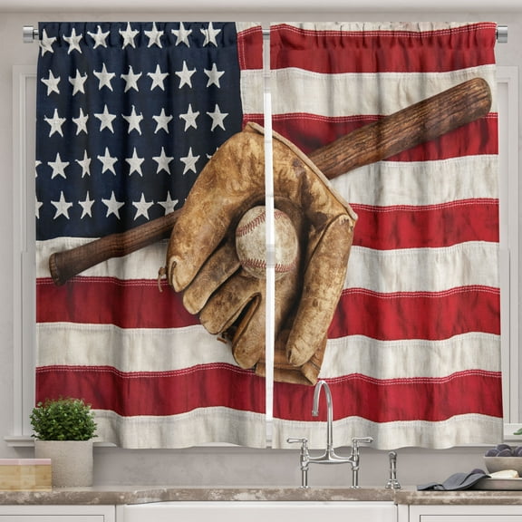 Ambesonne American Flag Kitchen Curtains, Grunge Baseball, 55"x45", Brown Red Blue