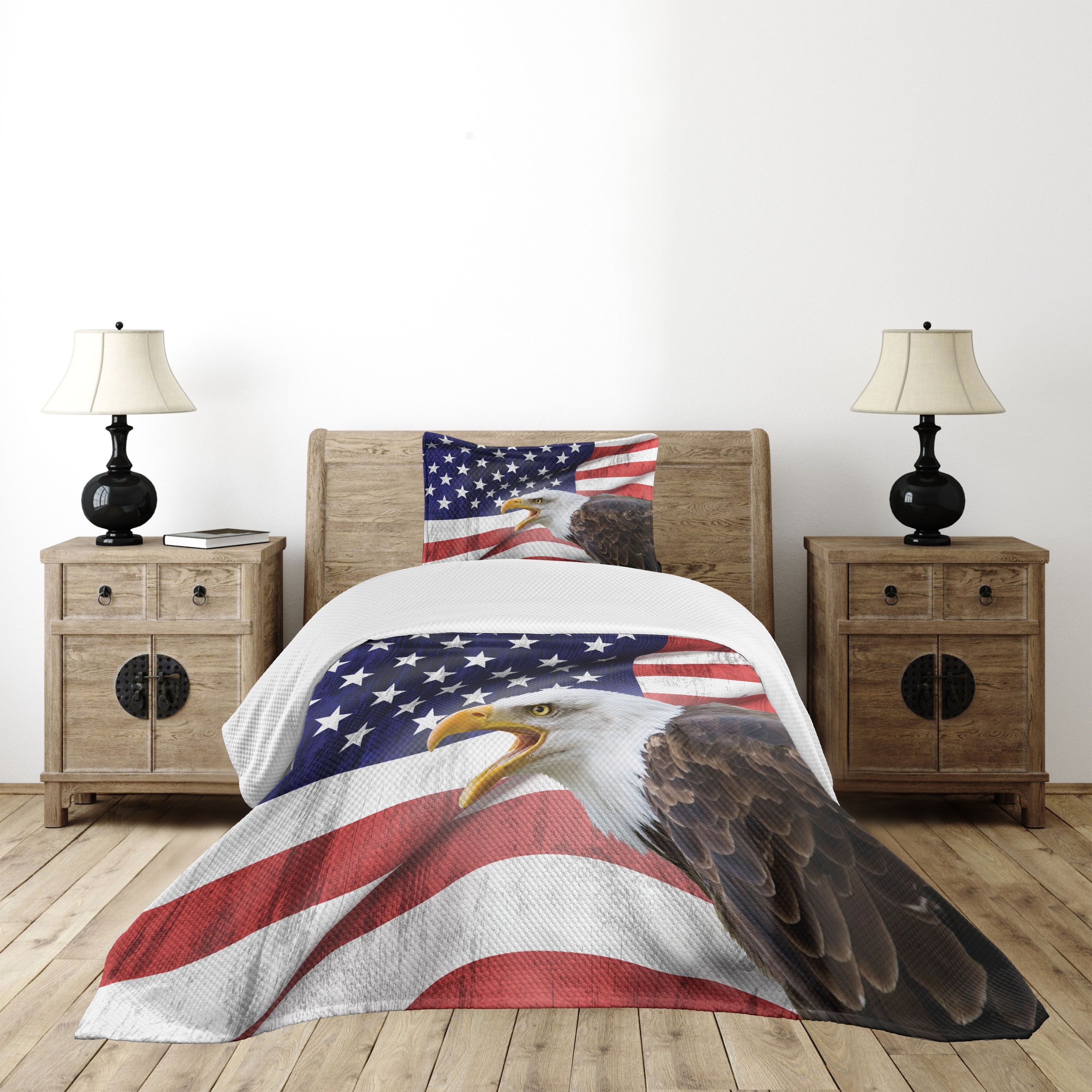 Patriotic American Flag and Eagle Twin Bedspread Set