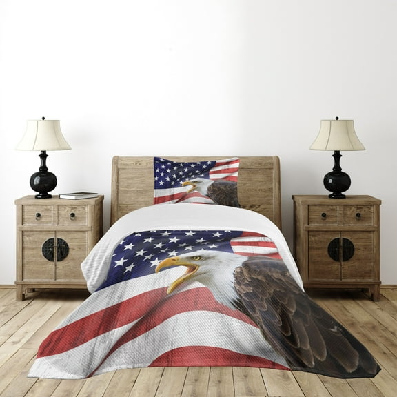 Ambesonne American Flag Quilted Bedspread Set 2 Pcs, Bald Eagle, Twin Size, Multicolor