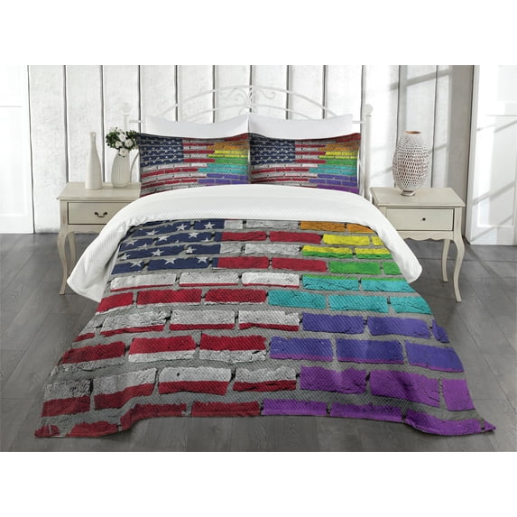 Ambesonne American Flag Quilted Bedspread Set 3 Pcs, Brick Wall Pride, Queen Size, Multicolor