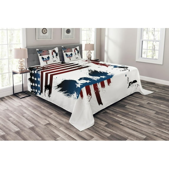 Ambesonne American Flag Quilted Bedspread Set 3 Pcs, Eagle and Stripe, Queen Size, Navy Maroon