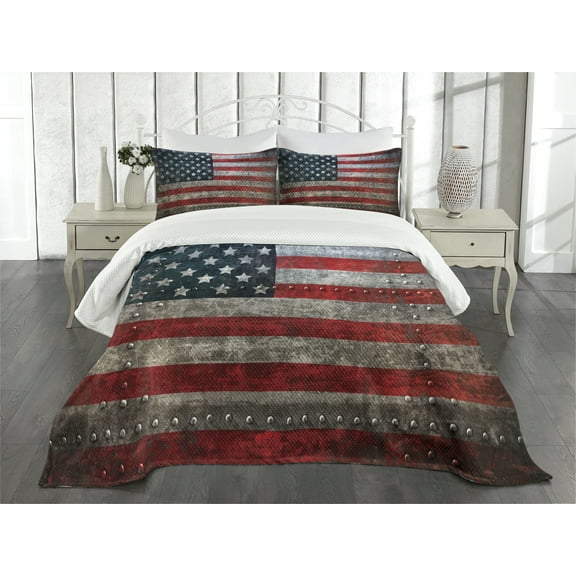 Ambesonne American Flag Quilted Bedspread Set 3 Pcs, US Flag Plate, King Size, Red Grey
