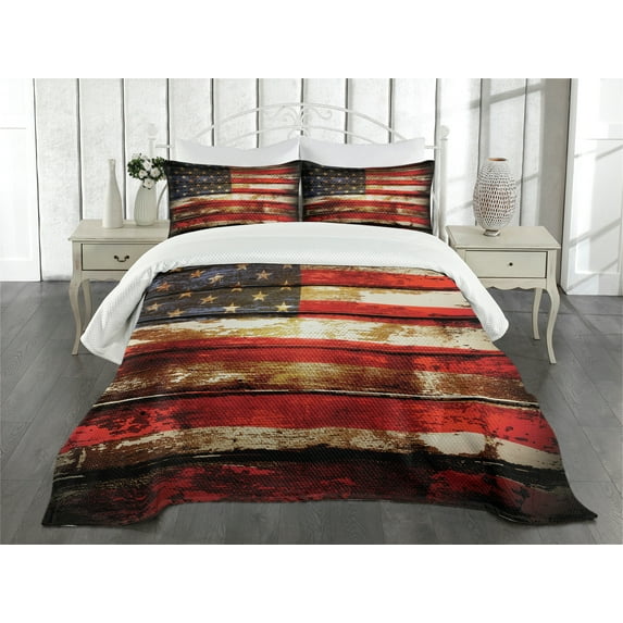 Ambesonne American Flag Quilted Bedspread Set 3 Pcs, Vintage Wooden, King Size, Multicolor