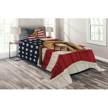 Ambesonne American Flag Quilted Coverlet 2 Pcs, Grunge Baseball, Twin Size, Brown Red Blue