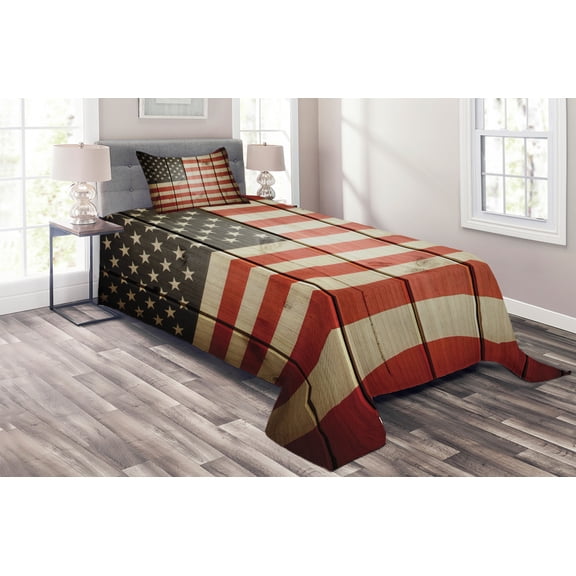 Ambesonne American Flag Quilted Coverlet 2 Pcs, Wood Design Flag, Twin Size, Blue Red