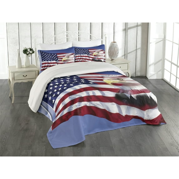 Ambesonne American Flag Quilted Coverlet 3 Pcs, Bless America Flag, King Size, Multicolor