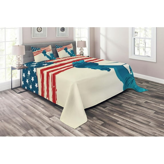 Ambesonne American Flag Quilted Coverlet 3 Pcs, Liberty, King Size, Multicolor