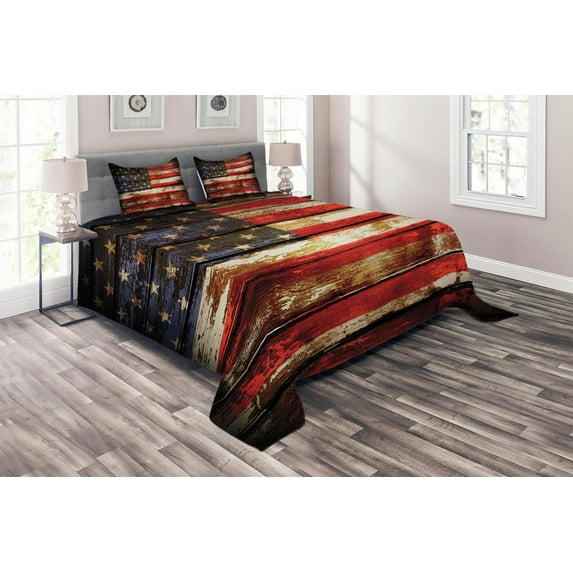 Ambesonne American Flag Quilted Coverlet 3 Pcs, Vintage Wooden, King Size, Multicolor