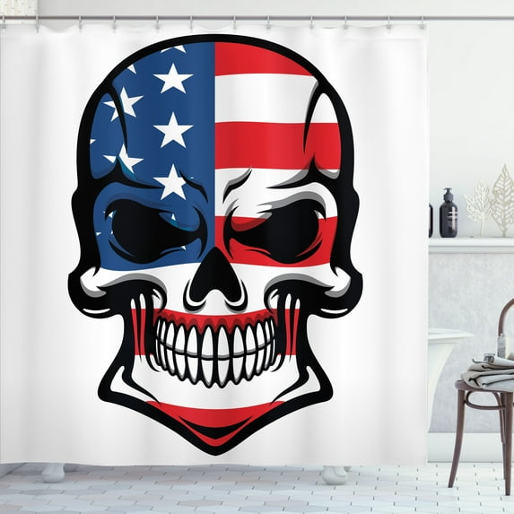 Ambesonne American Flag Shower Curtain, Scary Skull Art, 69"Wx84"L, Blue White Red