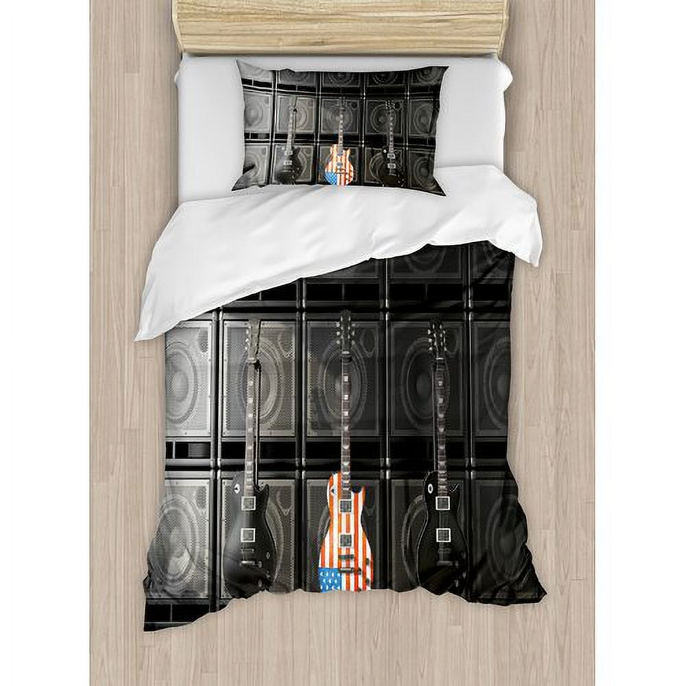 Twin Black Polyester Guitar Print Duvet Cover Set