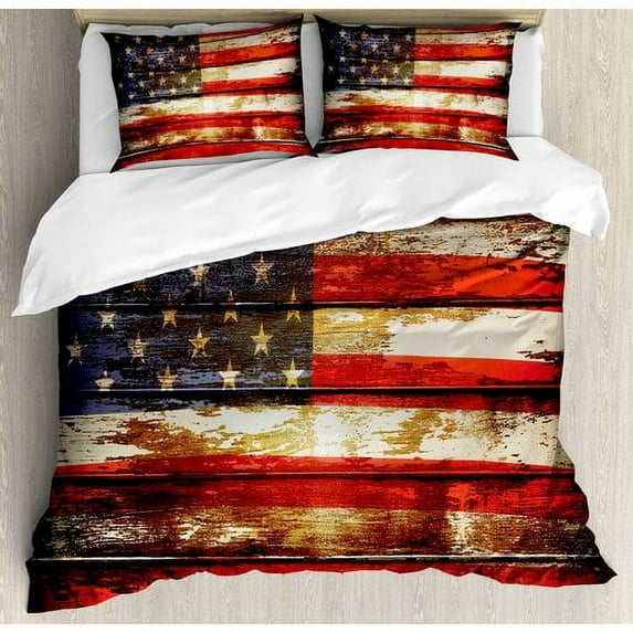 Ambesonne American Flag US Symbolism over Old Rusty Tones Weathered Vintage Social Plank Artwork Duvet Cover Set