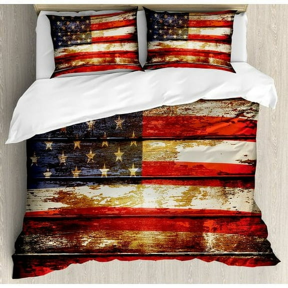 Ambesonne American Flag US Symbolism over Old Rusty Tones Weathered Vintage Social Plank Artwork Duvet Cover Set
