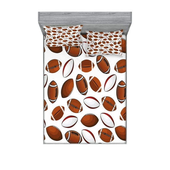 Ambesonne American Football Fitted Sheet & Pillow Sham Set, Rugby Balls, Queen, Caramel Ruby White