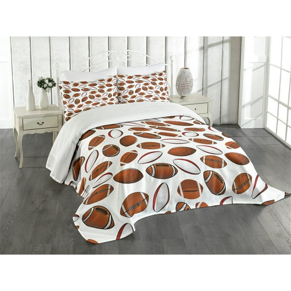 Ambesonne American Football Quilted Bedspread Set 3 Pcs, Rugby Balls, King Size, Caramel Ruby White