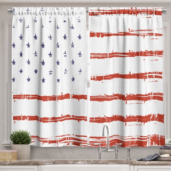 Ambesonne American Kitchen Curtains, Vector Grunge Texture, 55"x39", White Blue and Vermilion