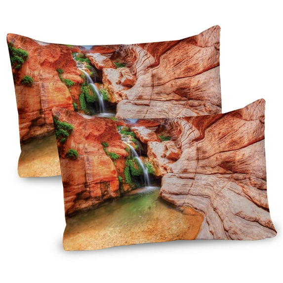 Ambesonne American Pillow Sham 2 Pack, Colorado River Plateau, 30"x20", Pale Brown Scarlet Green