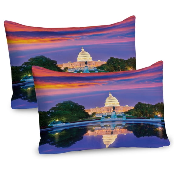 Ambesonne American Pillow Sham 2 Pack, US Congress Building Lake, 30"x20", Blue and Red