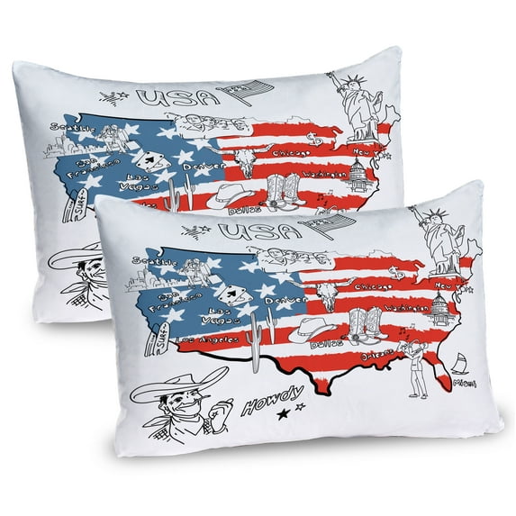 Ambesonne American Pillow Sham 2 Pack, USA Flag Hand Drawn Style, 30"x20", White Blue Red
