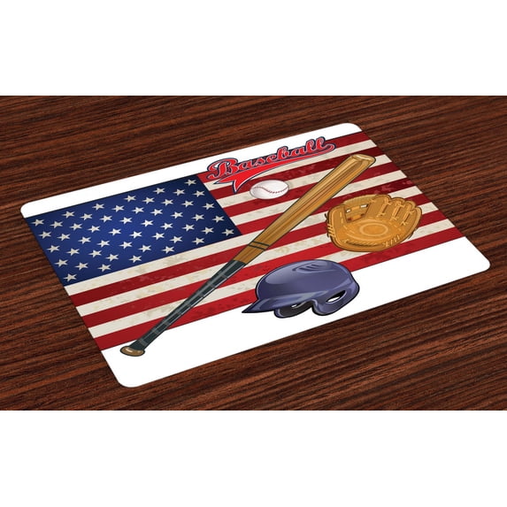 Ambesonne American Place Mats Set of 4, USA Flag and Baseball, Standard Size, Multicolor