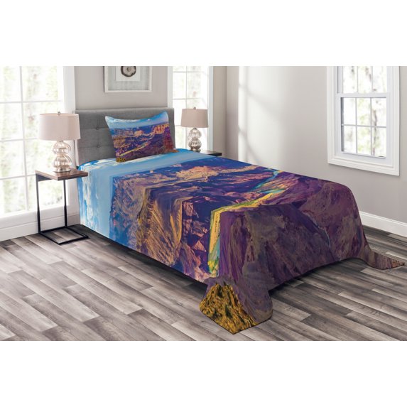 Ambesonne American Quilted Bedspread Set 2 Pcs, Grand Canyon Sunrise, Twin Size, Blue Tan
