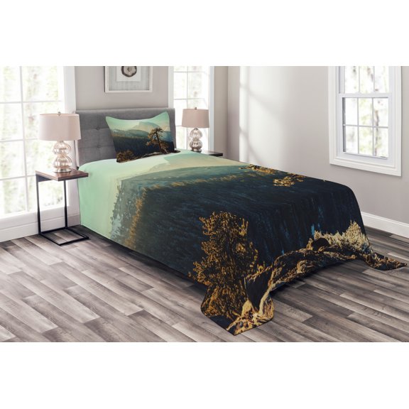 Ambesonne American Quilted Bedspread Set 2 Pcs, Misty Morning Yosemite, Twin Size, Teal Brown
