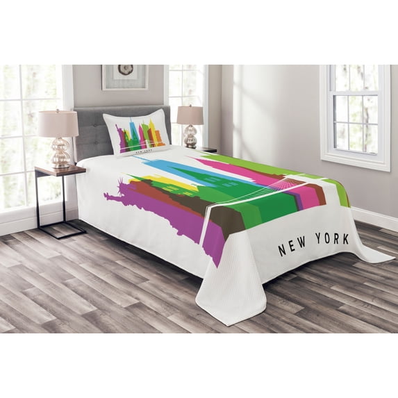 Ambesonne American Quilted Bedspread Set 2 Pcs, New York Landmarks, Twin Size, Multicolor