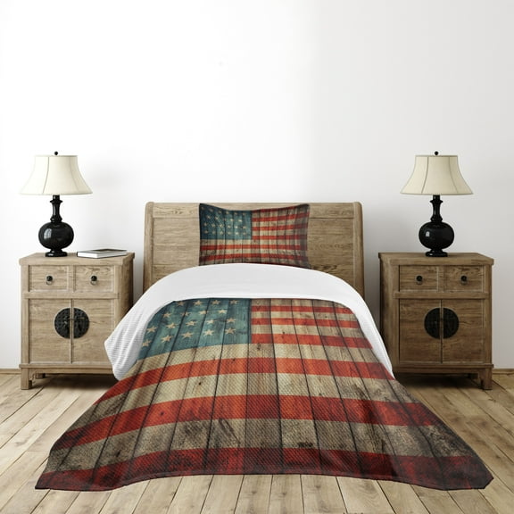 Ambesonne American Quilted Bedspread Set 2 Pcs, Old National Patriotic, Twin Size, Blue Red Pale Brown