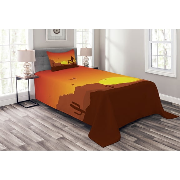 Ambesonne American Quilted Bedspread Set 2 Pcs, Wild West Sunset Scene, Twin Size, Burnt Orange