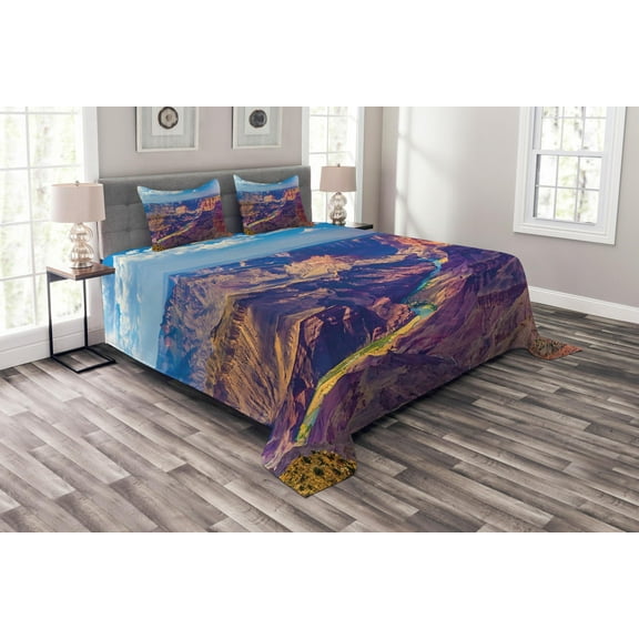 Ambesonne American Quilted Bedspread Set 3 Pcs, Grand Canyon Sunrise, King Size, Blue Tan