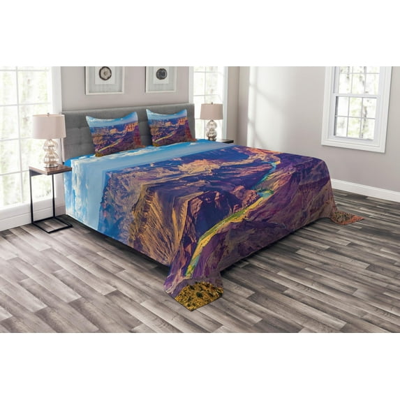 Ambesonne American Quilted Bedspread Set 3 Pcs, Grand Canyon Sunrise, Queen Size, Blue Tan