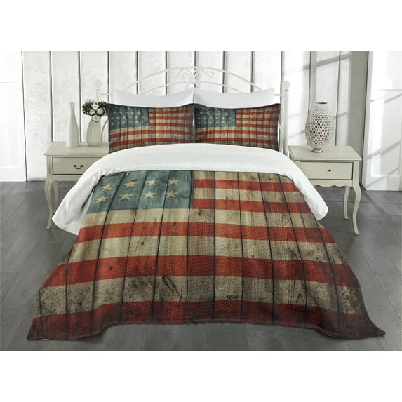 Ambesonne American Quilted Bedspread Set 3 Pcs, Old National Patriotic, King Size, Blue Red Pale Brown