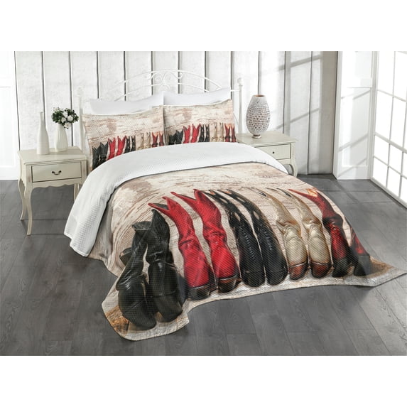Ambesonne American Quilted Bedspread Set 3 Pcs, Rustic Wild West Boots, King Size, Beige Red Black
