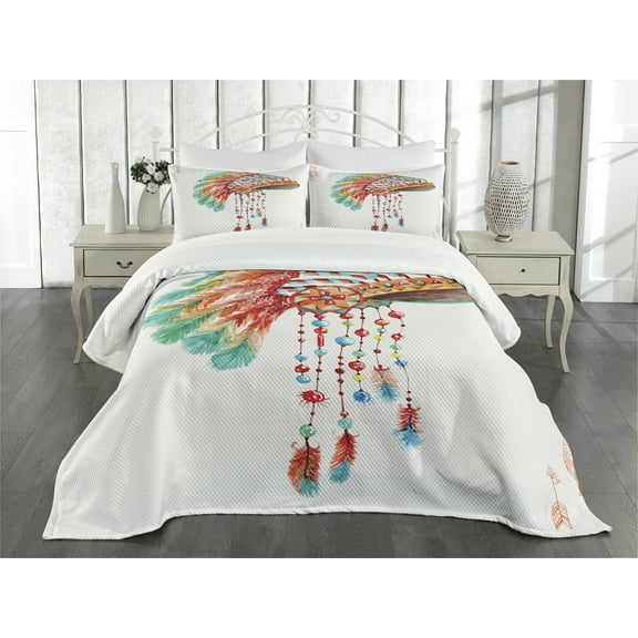 Ambesonne American Quilted Bedspread Set 3 Pcs, Tribe Chief Themed Design, Queen Size, Orange Blue