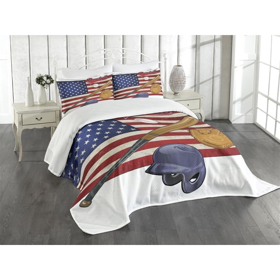 Ambesonne American Quilted Bedspread Set 3 Pcs, USA Flag and Baseball, King Size, Multicolor