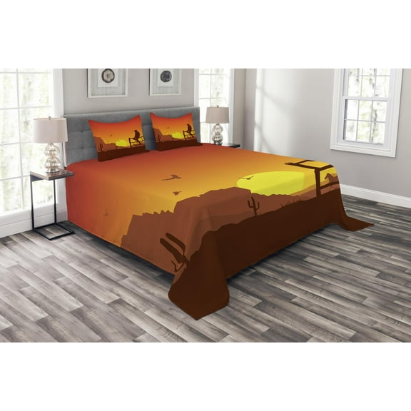 Ambesonne American Quilted Bedspread Set 3 Pcs, Wild West Sunset Scene, King Size, Burnt Orange