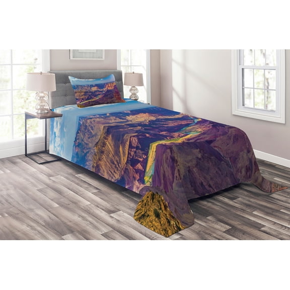 Ambesonne American Quilted Coverlet 2 Pcs, Grand Canyon Sunrise, Twin Size, Blue Tan