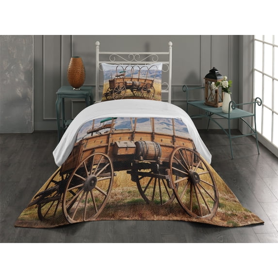 Ambesonne American Quilted Coverlet 2 Pcs, Nostalgic Wild Western, Twin Size, Brown Yellow